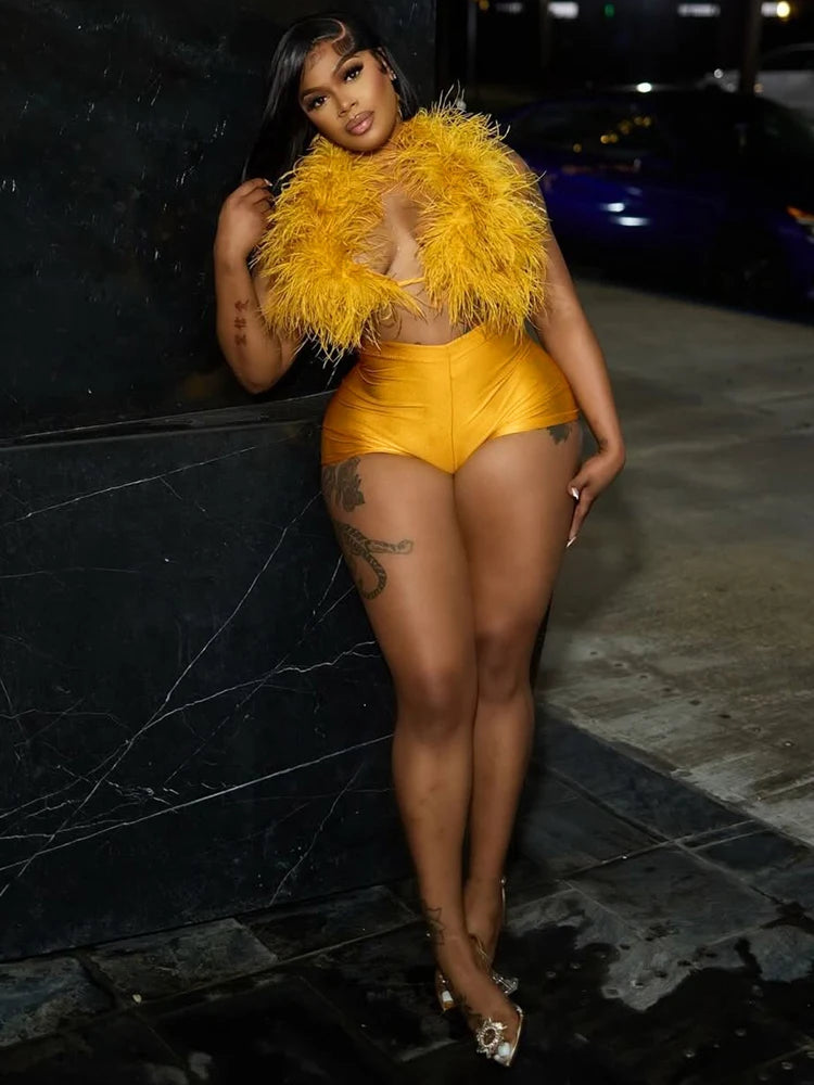 Luxury Fur Patchwork 2 Pieces Set for Woman Outfit Summer 2025 New Tank Top and Stretch Shorts Midnight Club Wear Party Suits